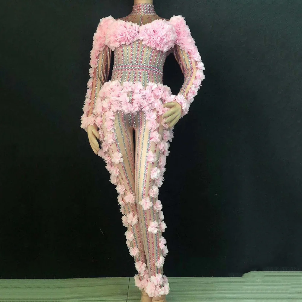 

Sparkly Diamond Women Flower Jumpsuit Pole Dancing Stage Wear Long Sleeve Pink Evening Prom Birthday Celebrate Nightclub Costume