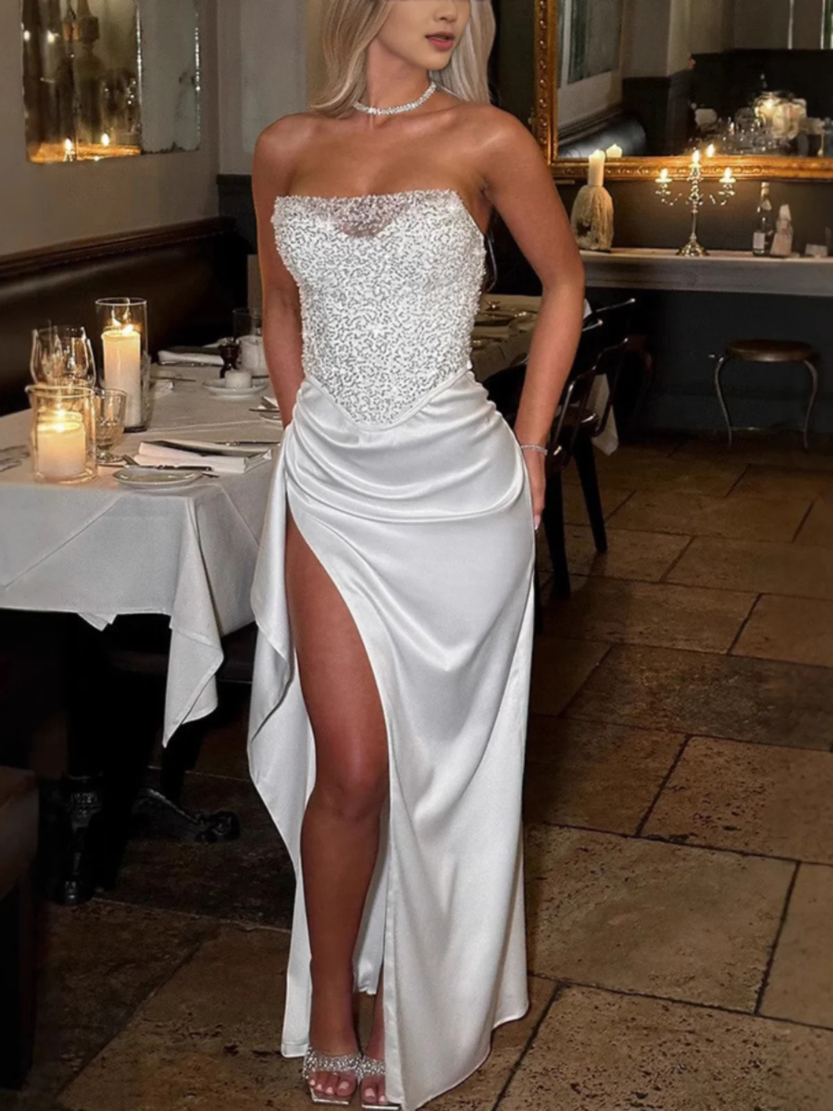 

Сексуальная повседневная юбка макси с пайетками, разрезом и высокой талией, на молнии, весна-лето-осень, с одним открытым плечом