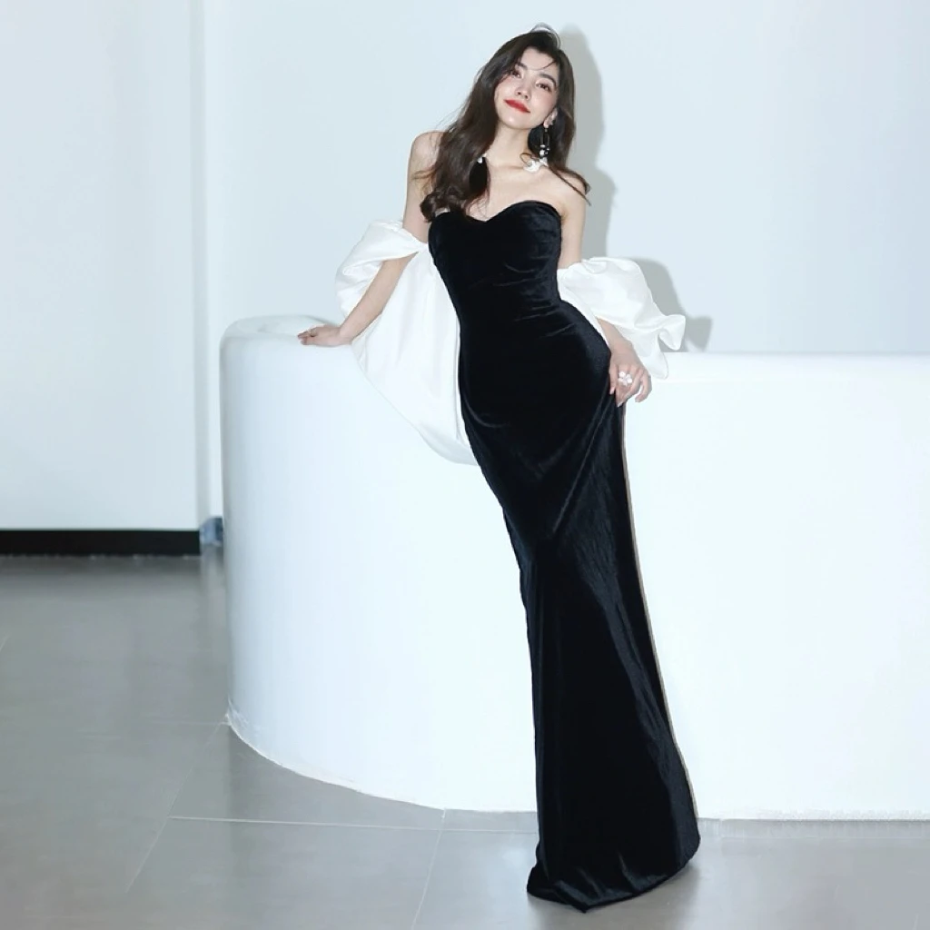 

Black Bridesmaid Dresses Strapless Woman Sweetheart Backless Detachable Cape Floor Length Wedding Celebrity Party Gowns 2024