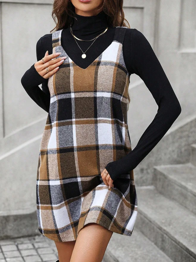 2024 New Plaid Print Dress Autumn And Winter Women\'s V-neck Sleeveless Dress Simple Fashion A-Line Vest Elegant Women\'s Dress