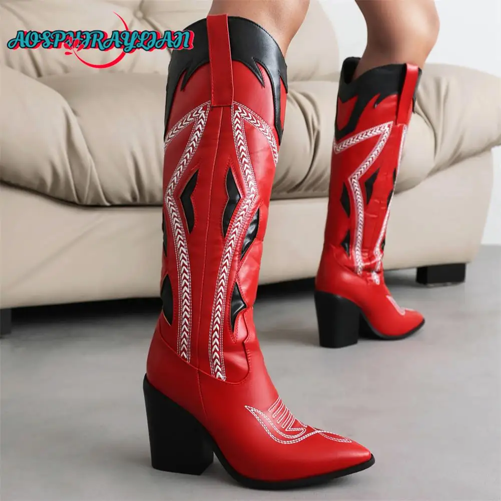 Brand Ladies Mixed Colors Knee High Cowboy Boots Fashion Embroider Chunky Heels women's Cowgirl Boots Party Street Woman Shoes