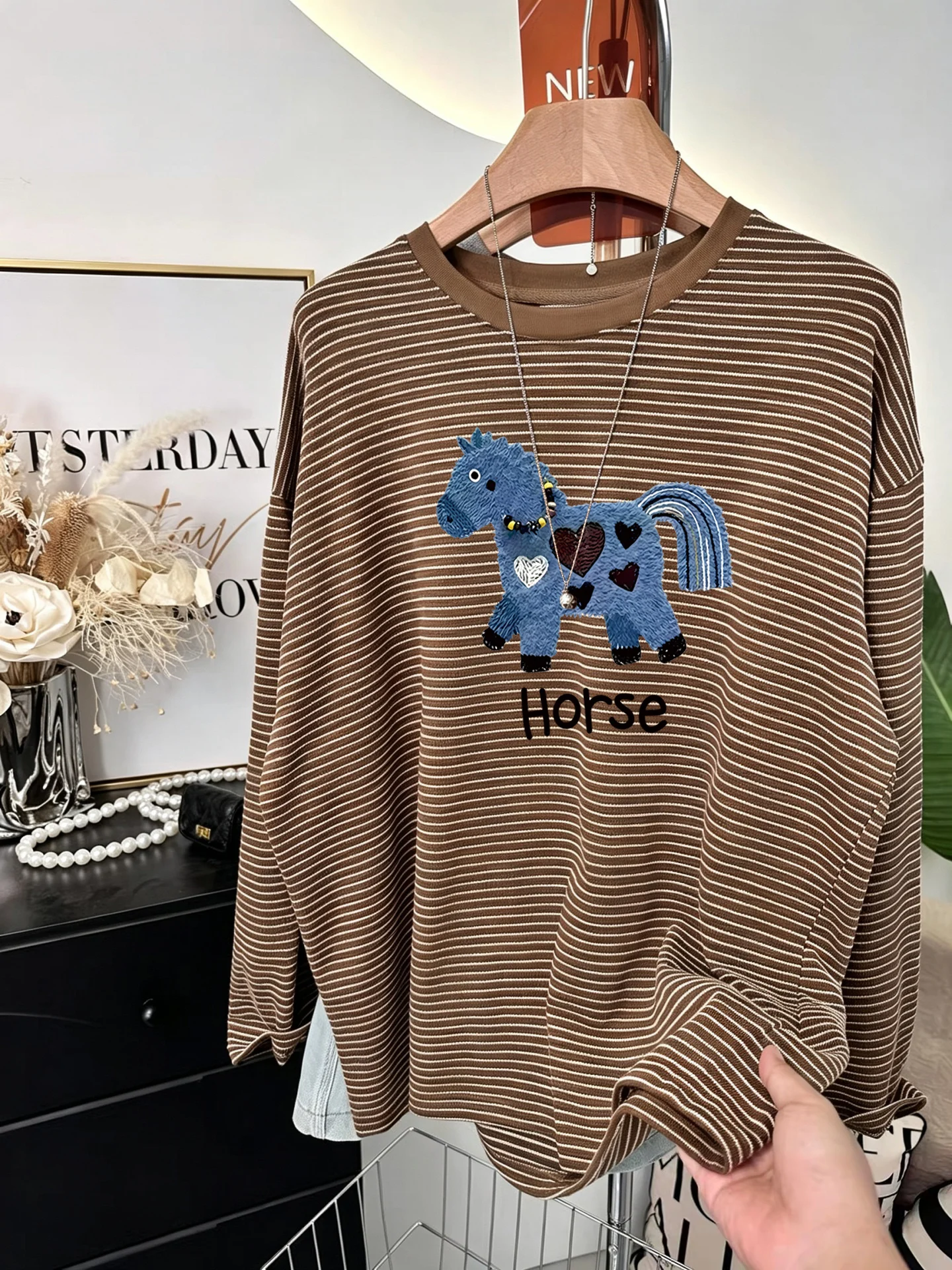 Retro American Green Striped Long Sleeve Women's T-shirt Draped Lazy Korean Style Print round Neck Spring Autumn Base Shirt