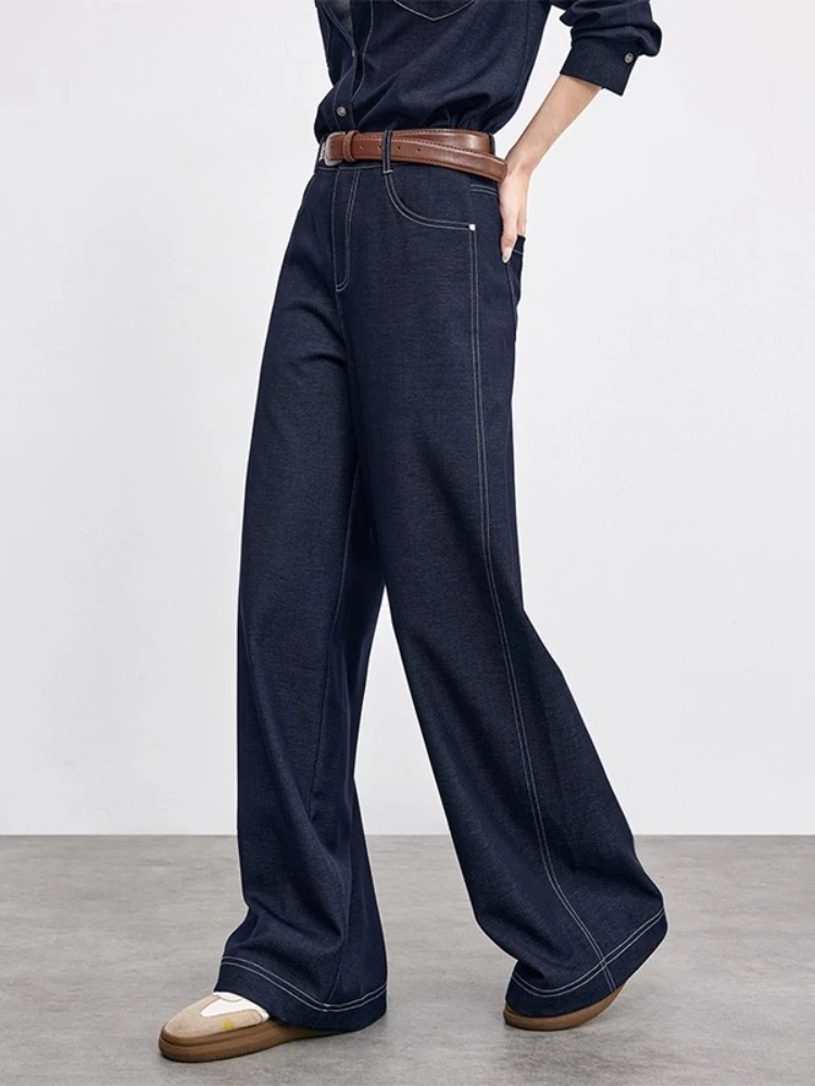 

SENTUBILA Denim Jeans for Woman 2025 Autumn Simple Contrast Topstitch High-waisted Wide-leg Trousers Women's Bottoms 153KD1854