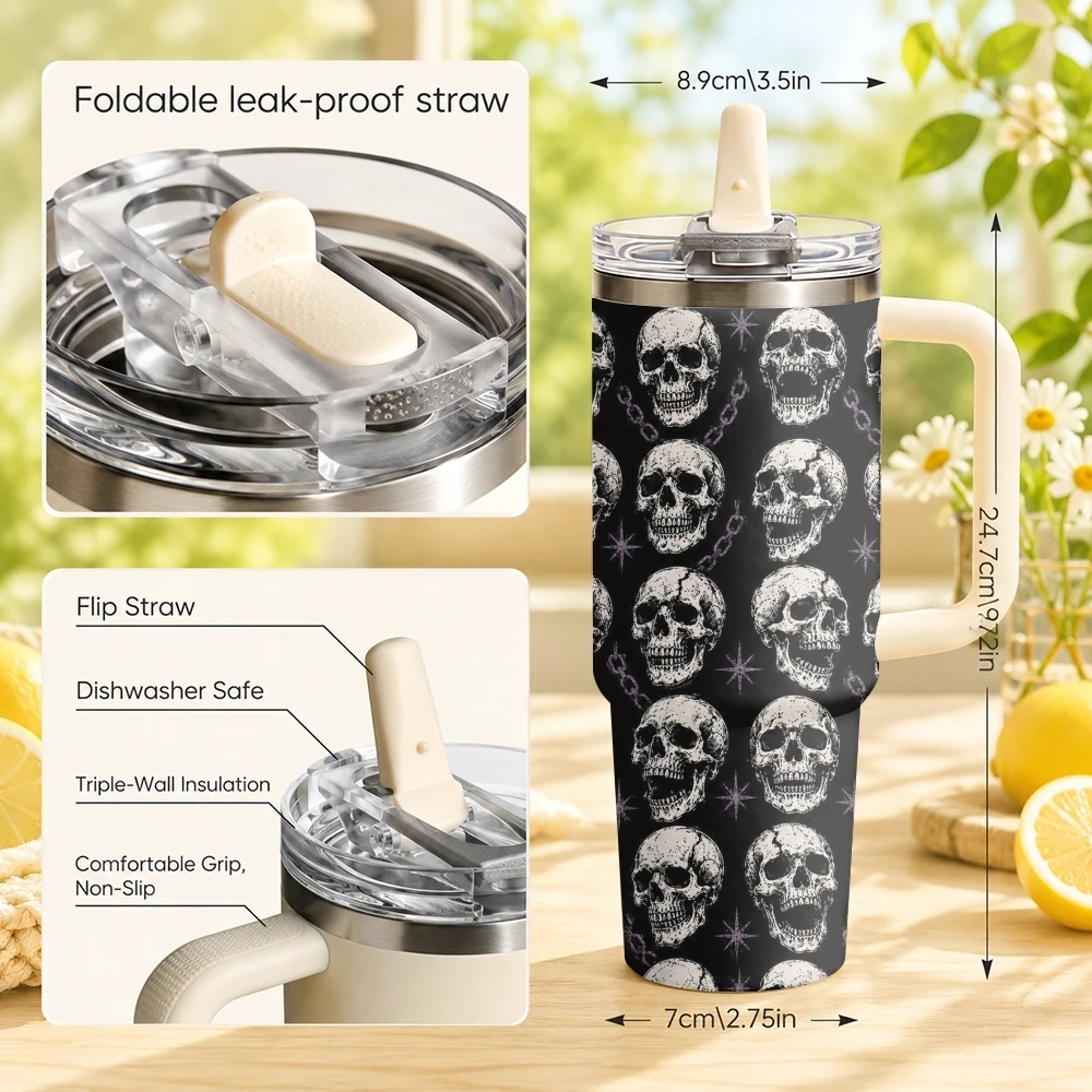Wild Skeleton Vacuum Flasks 40oz Stainless Steel Tumbler with Handle Straw Lid Vacuum Insulated Double Wall Leak Proof
