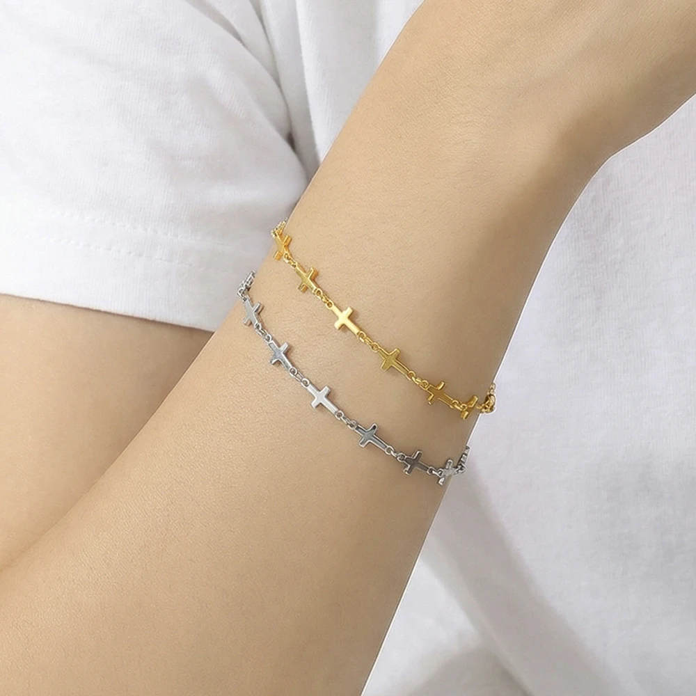 YHTOT Minimalist Cross Bracelet Stainless Steel Metal Chain Stackable Bracelet Women's Jewelry Party Gift