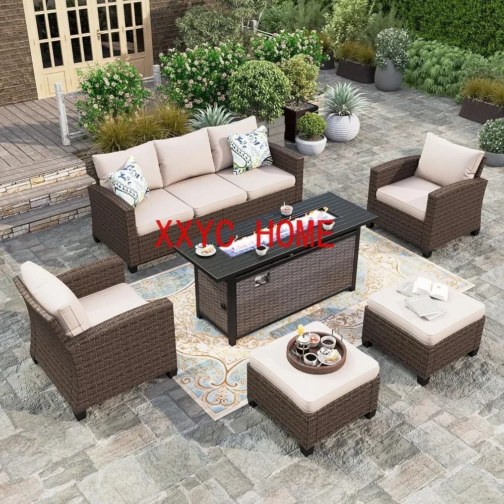 Furniture Set with Fire Pit Table,6 Pieces Outdoor Wicker Conversation Set for Garden, Poolside, Backyard Mesa Plegable Jardin