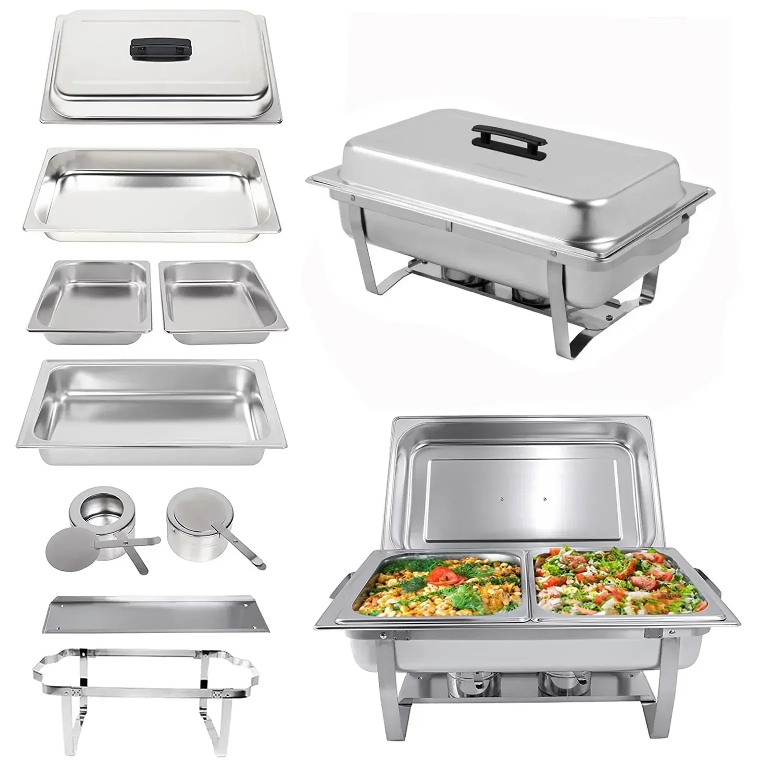 

#Stainless Steel Chafing Set Silver Rectangular Catering Chafer Warmer Set with tray Pan Lid Folding Frame