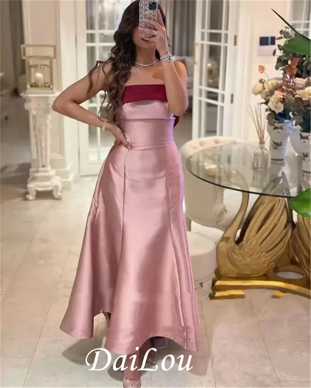 

Elegant Blush Pink And Burgundy Satin Long Evening Dresses Ankle Length Strapless New Prom Dress Women A Line Formal Party Gowns