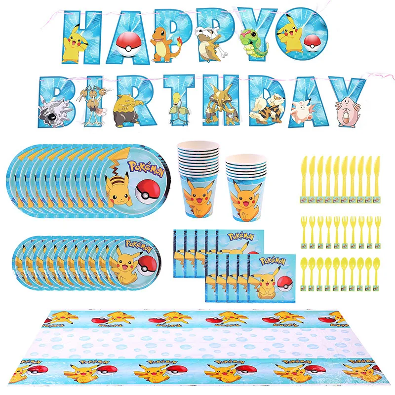 Décoration de fête d\'anniversaire Pokemon pour enfants, fournitures de fête, dessin animé Pikachu, assiette en papier, serviette, tasse, cadeaux,