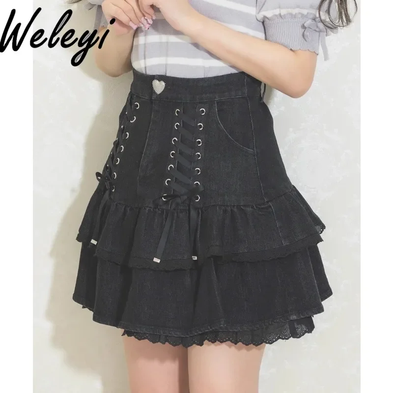 Harajuku Kawaii Sweet Strap Bow Short Skirt Japanese Sweet Solid Color Love Buckle Ruffle Edge Bandage Cotton High Waist Skirts