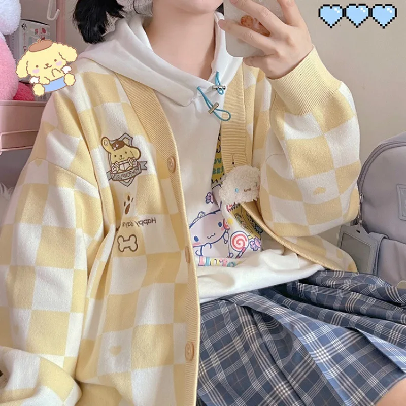 Sanrio Kawaii Kuromi MyMelody Cinnamoroll Purin Anime Embroidery Knitted Sweater Checkerboard Sweet Girls College Style Cardigan