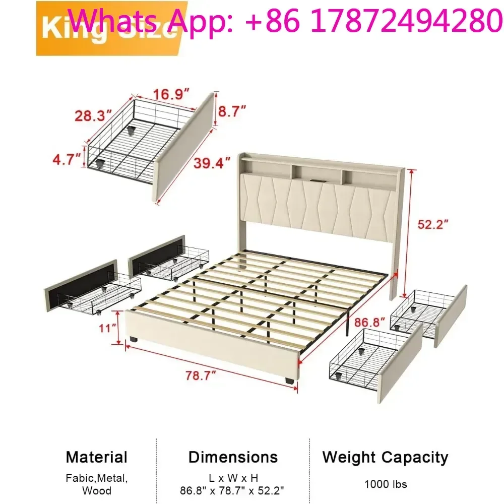Velvet Upholstered LED Platform Bed with Headboard Storage, Bed Frame King Built