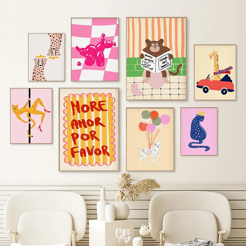 

Pink Balloon Dog Leopard Art Print Monkey Funny Wall Art Animal Playful Poster Trendy Preppy Room Colorful Eclectic Home Decor