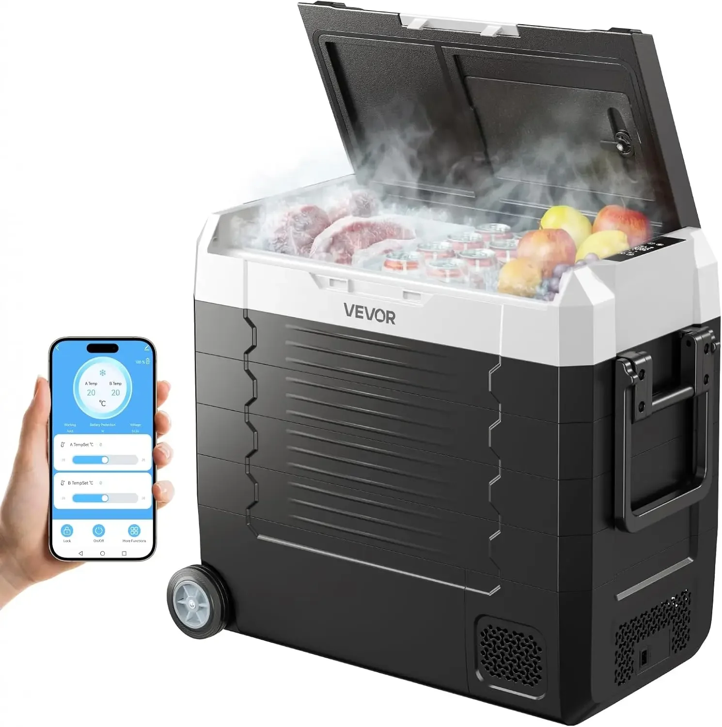 Car Refrigerator, DC 12/24V AC100-240V Compressor Electric Cooler, -4°F to 68°F Truck Refrigerator with APP Control, Wheels & Du