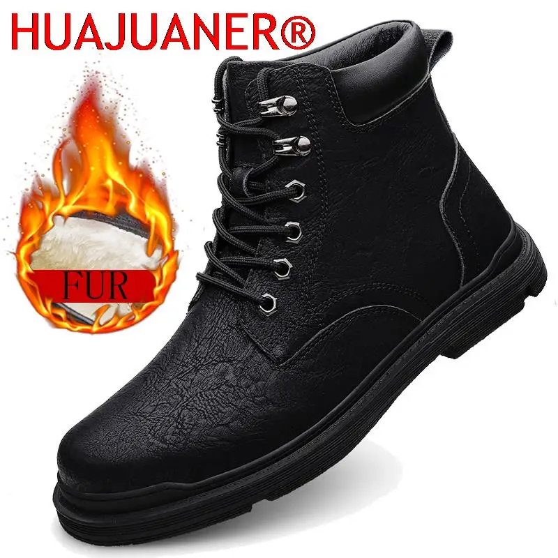 

Men Winter Lace Up Boots Plus Velvet Fur Boots Men Motorcycle Genuine Leather Boots Thick Sole Warm Cowhide Snow Boots