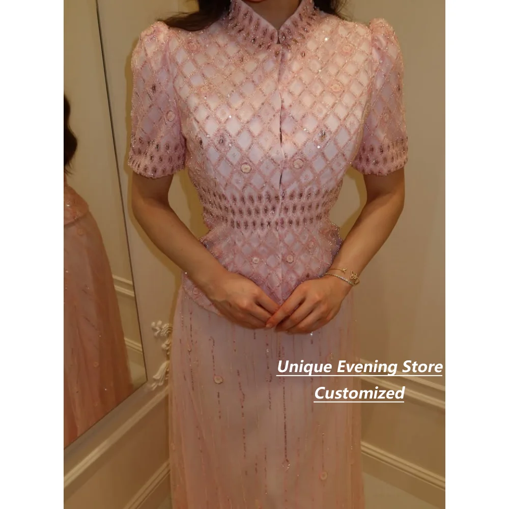 Customized Pink Two Piece Mother of the Bride Dresses High Collar Puff Sleeve Sequin Tulle Formal Wedding Guest Dress