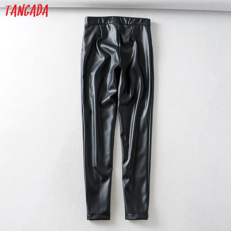 Tangada women black white skinny PU leather pants stretch zipper female autumn winter pencil pants trousers 6A04