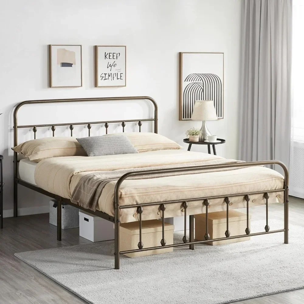 Queen Size with Iron-Art Headboard, Footboard, Under Bed Storage, Metal Platform Bed Frame Mattress Foundation