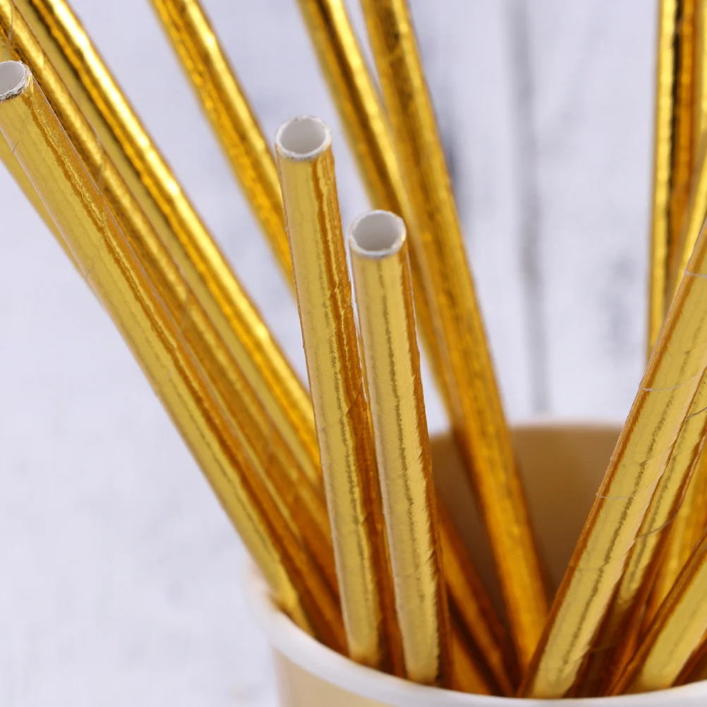 

100pcs Gold Foil Paper Straws Biodegradable Food Safe Drinking Straws For Party Wedding Anniversary Smoothie Coffee Cocktail