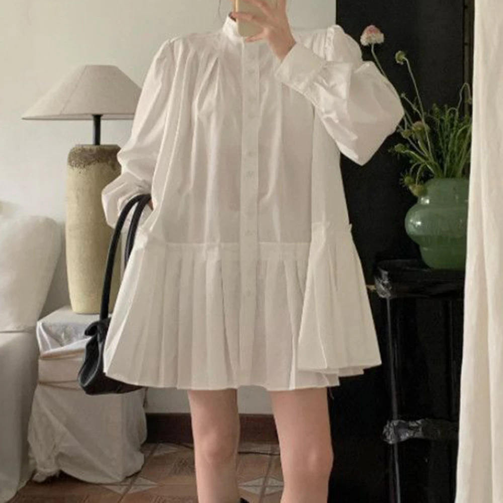 

Design spring autumn sweet spicy style long-sleeved shirt dress Korean a-character splicing pleated skirt female tide