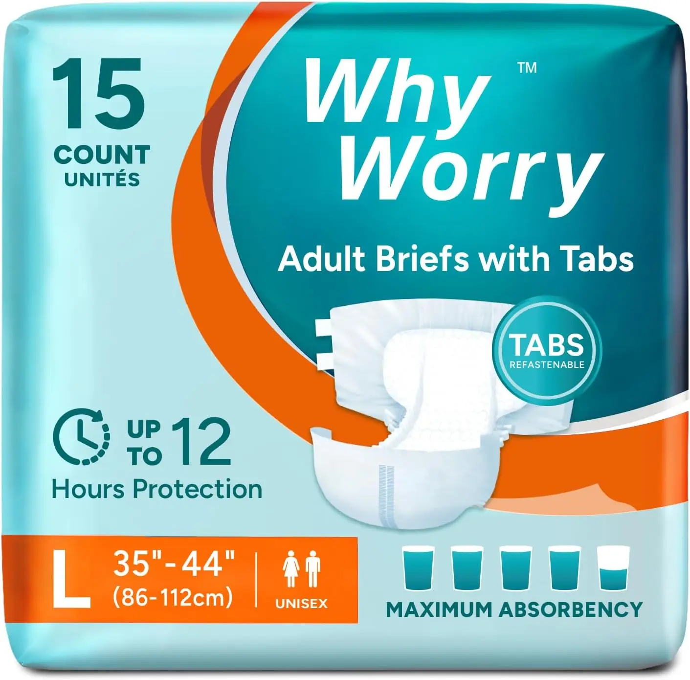 

Maximum Absorbency Adult Diapers with Tabs, Overnight Incontinence Briefs for Women & Men, Unisex Large, 15 Count