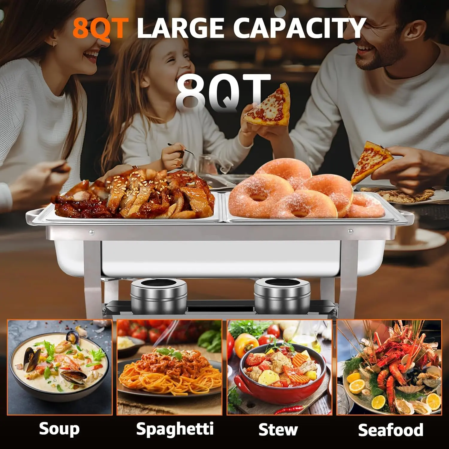 

Chafing Dish for Buffet, 1 Pack 8QT Stainless Steel Catering Warmer Set with 2 x 1/2 Size Food Pan, Foldable Frame