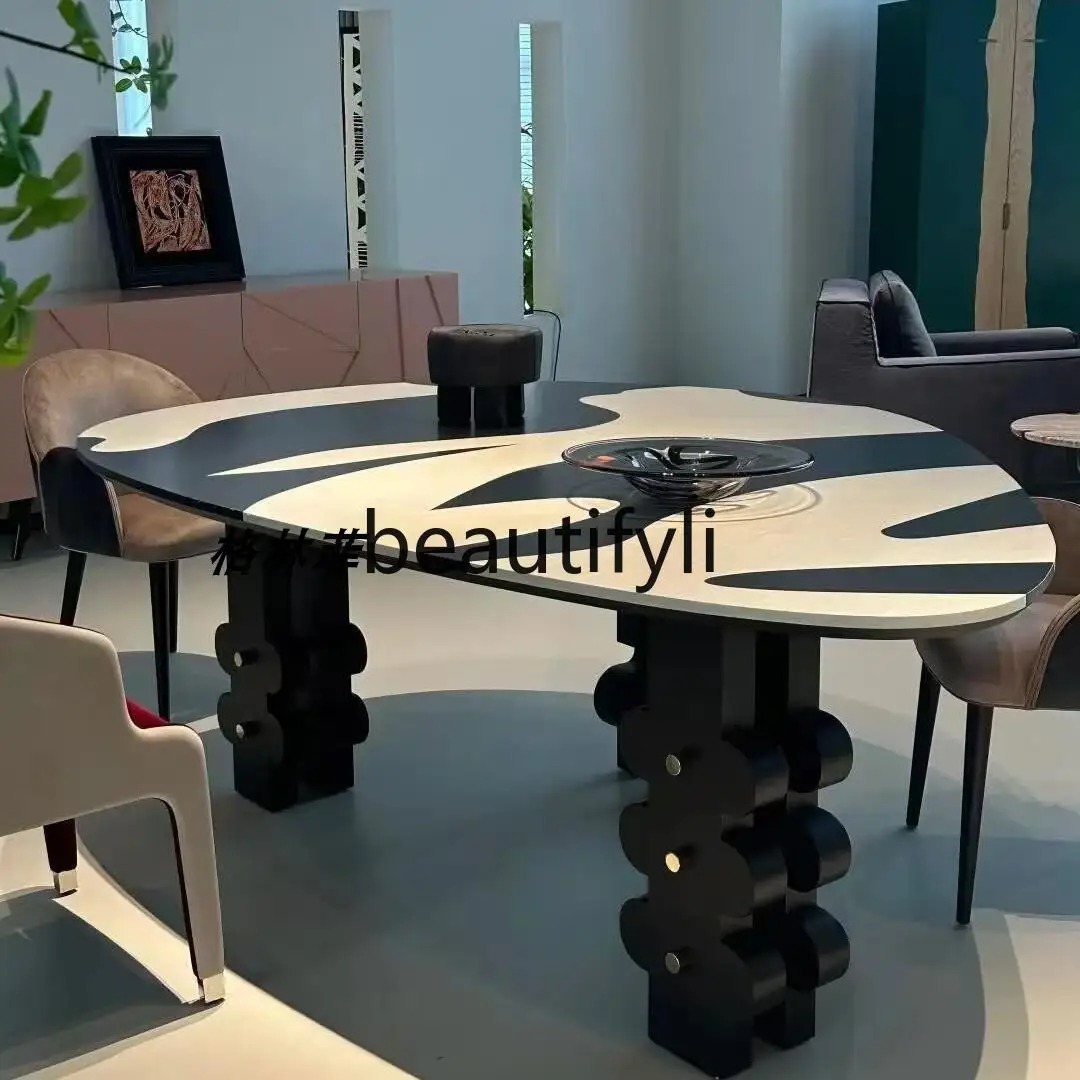 

Medieval wabi-sabi painted zebra pattern special-shaped dining table art negotiation desk ash wood solid wood table