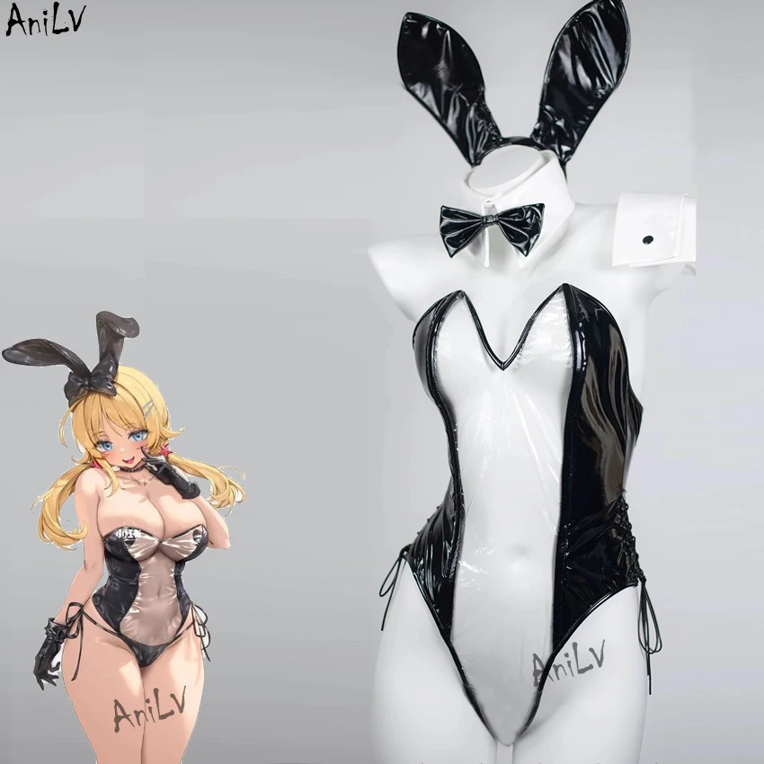 AniLV Anime Bunny Girl Maid Uniform Cosplay Women Transparent Leather Bodysuit Bra Beverage Waiter Outfits Temperament Pajamas