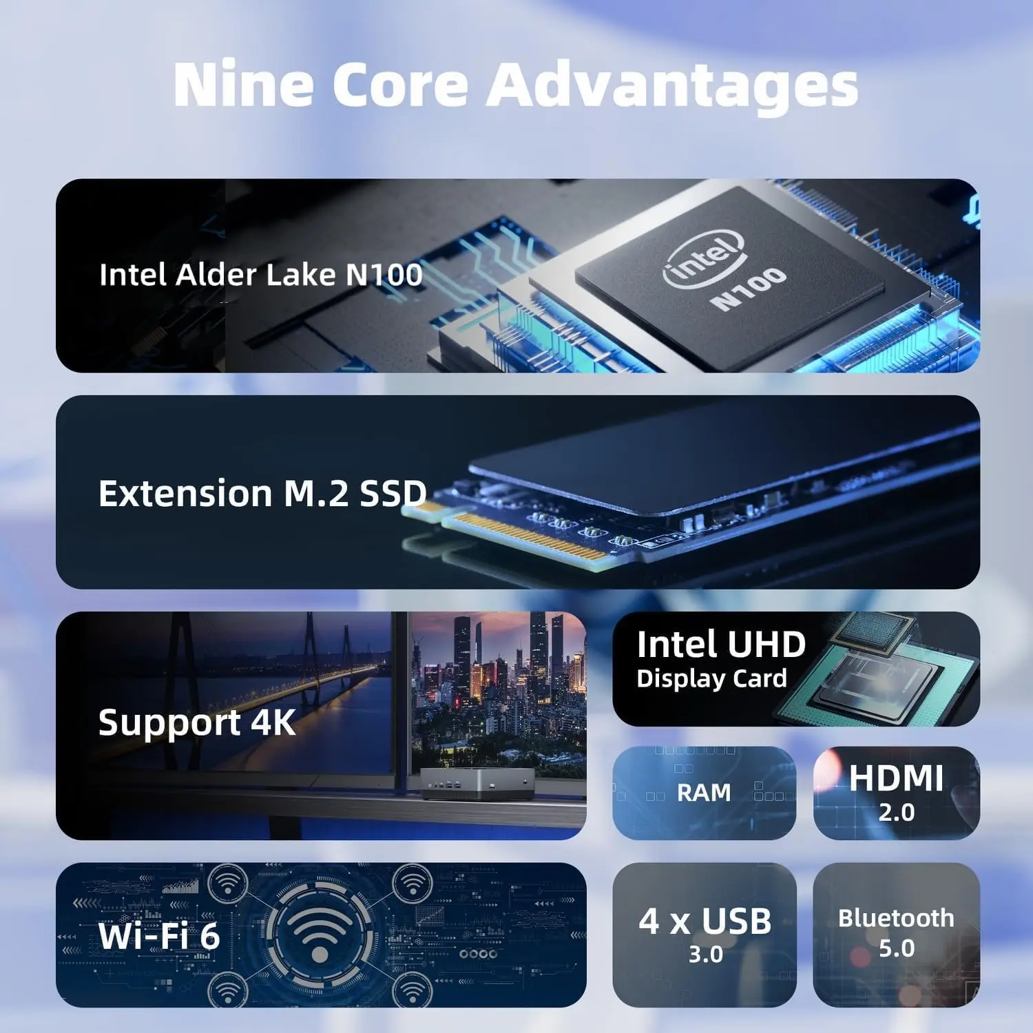 Nano A1 Mini PC, Intel N100 (até 3,4 GHz) 8 GB DDR4 RAM 512 GB PCIe SSD, 4K Dual Display/USB3.0/WiFi 6/BT5.2/RJ45 para Office Home