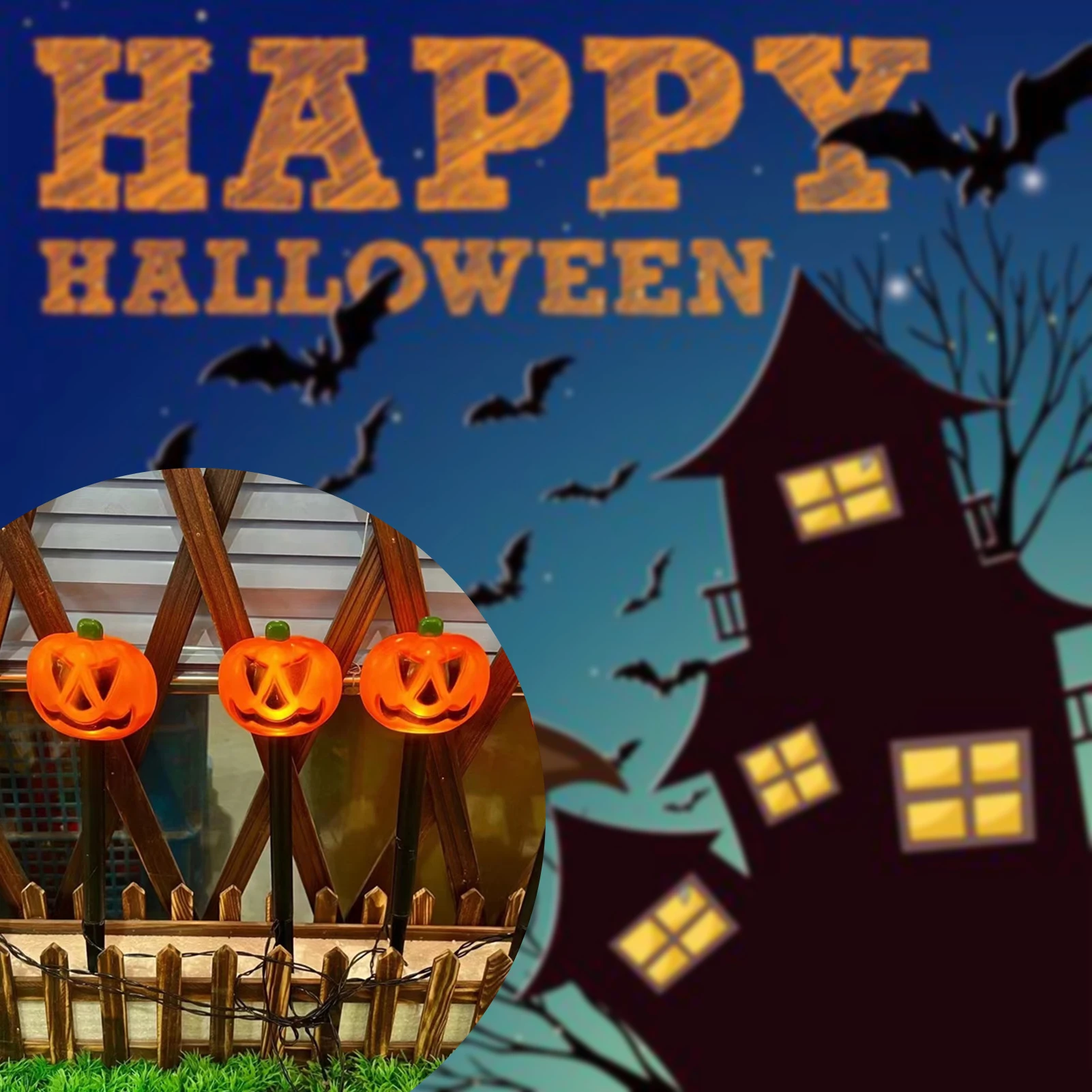 ハロウィーンのカボチャヤスチーク、ソーラーライト3Dプープキン、1セットのステークス用5ライト、パティオヤードを発見