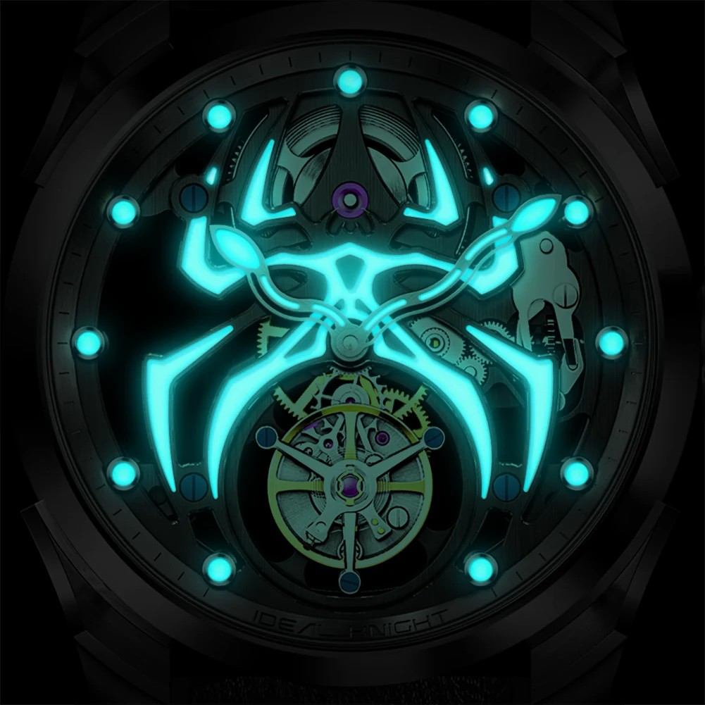理想的な騎士リアルトゥールビヨンメンズ腕時計透明中空発光スパイダーパターン高級機械式腕時計6802