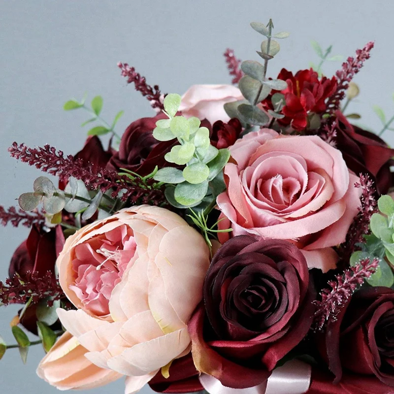 5X Burgundy Dusty Pink Rose Bouquet - Champagne Blush Blooming Peony With Eucalyptus Real Perfect Bridal Wedding Flowers