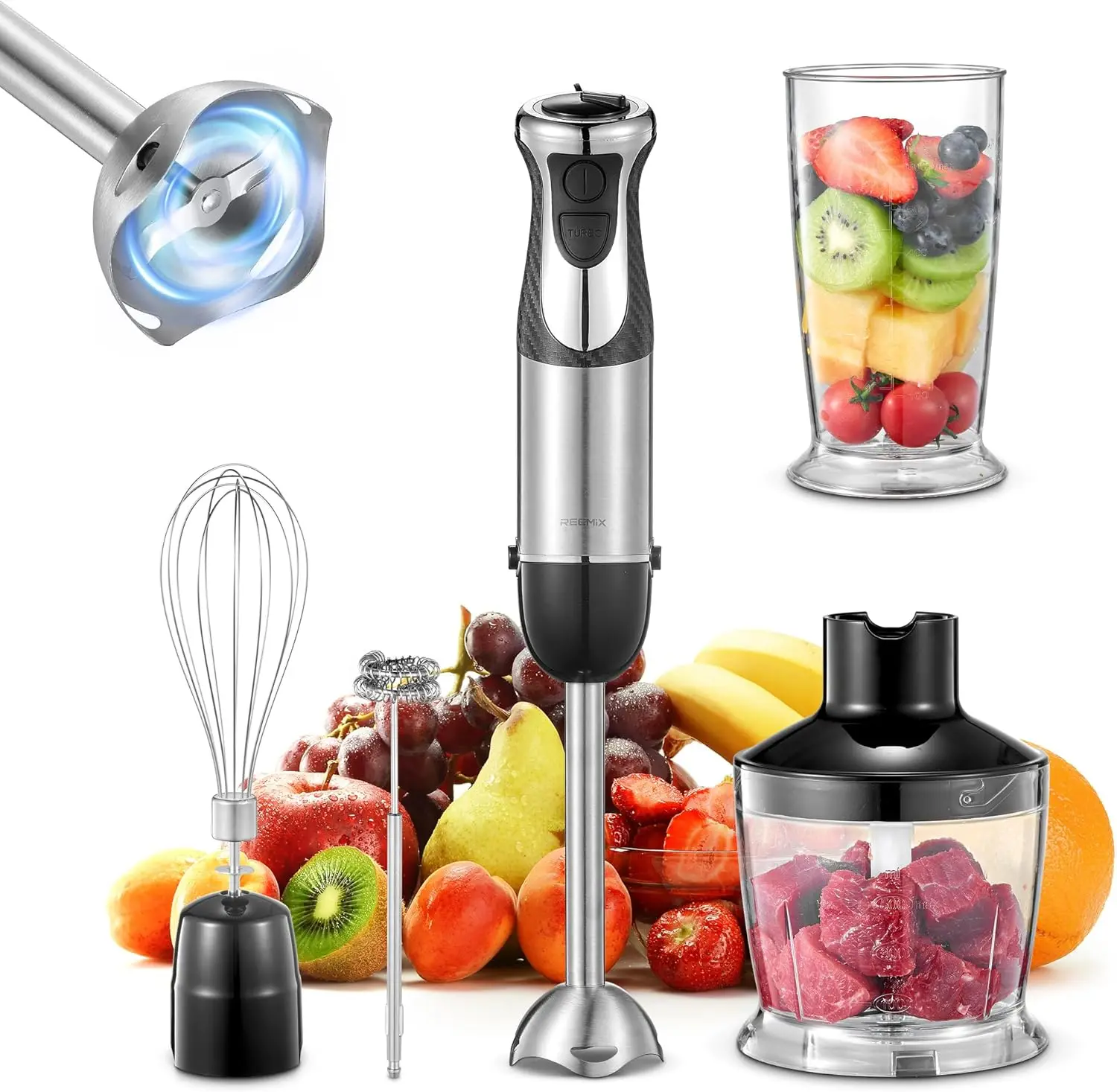 5-in-1 Immersion Blender, 1000W Hand Blender with Frother, Whisk, Chopper & Beaker, Stainless Steel Blades