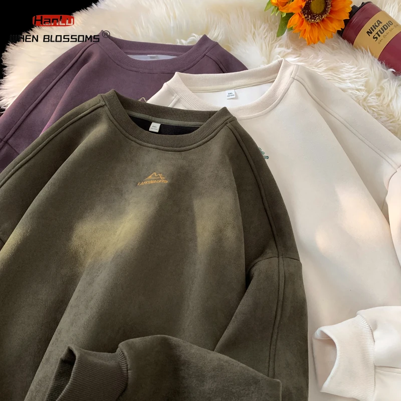 HANLU 2024 Autumn Winter Warm Suede Leather Sweatshirt for Men\'s Fleece O Neck Unisex Pullover Outdoors Fashion Male Clothes
