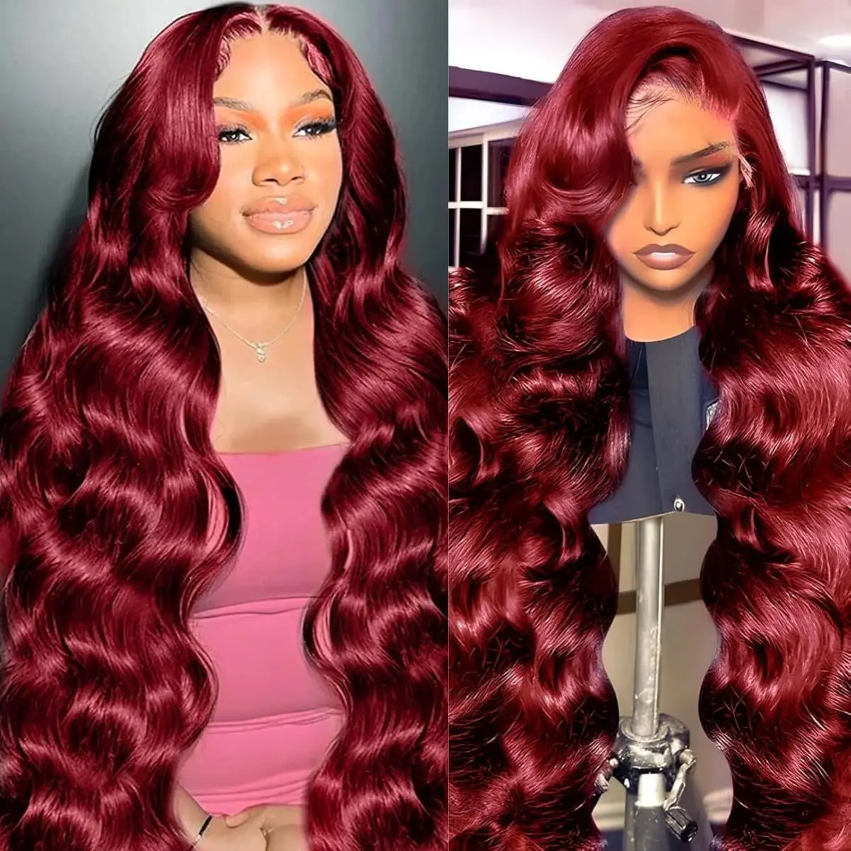 

13x6 Body Wave HD 99J Burgundy Lace Frontal brazilian Human Hair Wig pre plucked Red Color Transparent Lace Front Wig For Women