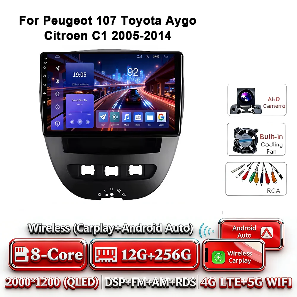 Android 17 Carplay Auto 4G WIFI autoradio voor Peugeot 107 Toyota Aygo Citroen C1 2005-2014 GPS BT DSP touchscreen multimedia