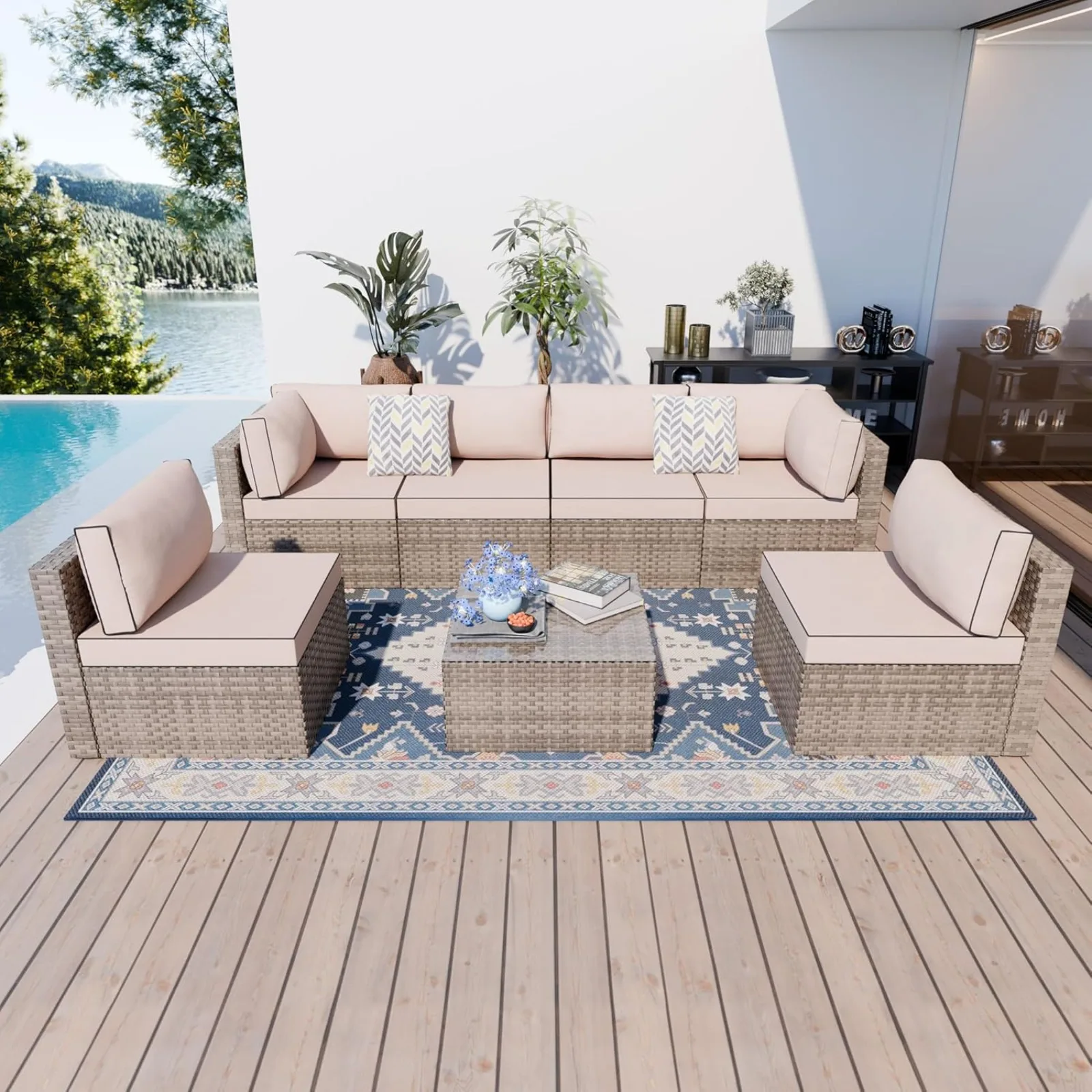 

US 7 Pieces Outdoor Patio Sectional Sofa Couch,Natural PE Wicker Furniture Conversation Sets with