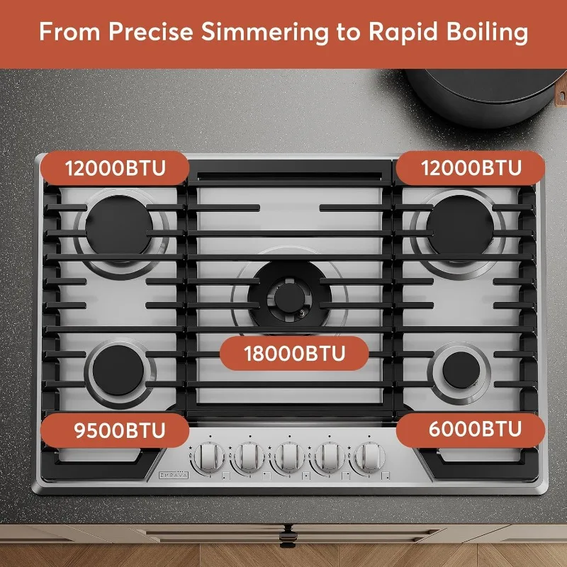 Empava 30 pol. Cooktop embutido em aço inoxidável com 5 fogões a gás incluindo um queimador de potência de 18000 BTU, 30 pol., prata