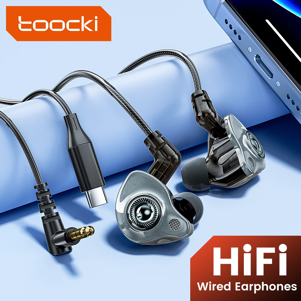 Toocki TE26 Dynamic Driver Graphene HiFi-Kopfhörer mit Kabel, HD-Kopfhörer mit Sprachgeräuschunterdrückung, abnehmbares 2-poliges 3,5-mm-/Typ-C-Kabel