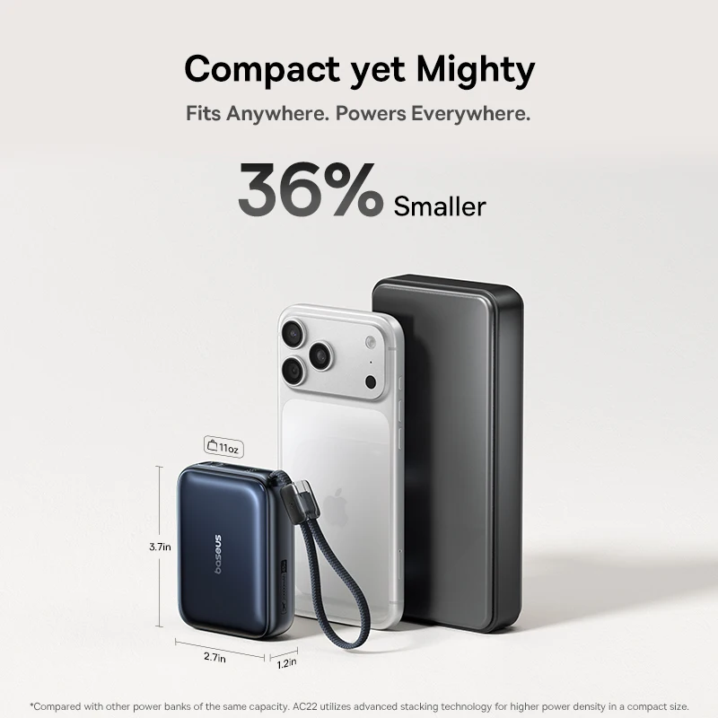 Baseus 45W Power Bank 20000mAh Wbudowany kabel USB-C, mniejszy, szybki, przenośny do iPhone 18 17 Pro Max Duo Samsung S26 Ultra — zdjęcie produktu 6