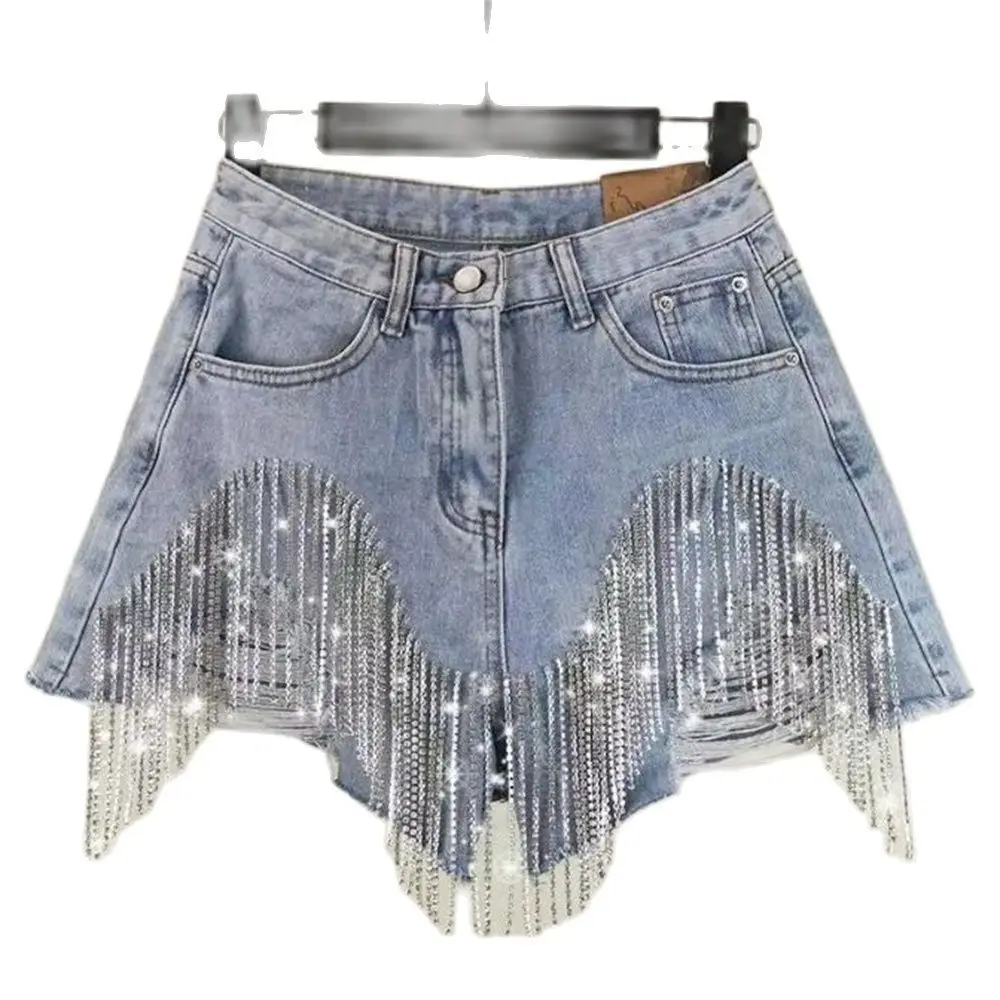 Y2k Casual Bottoms For Ladies Denim Shorts Women Clothing Summer Ripped Jeans Short Capris Femme High Waist Diamond Tassel