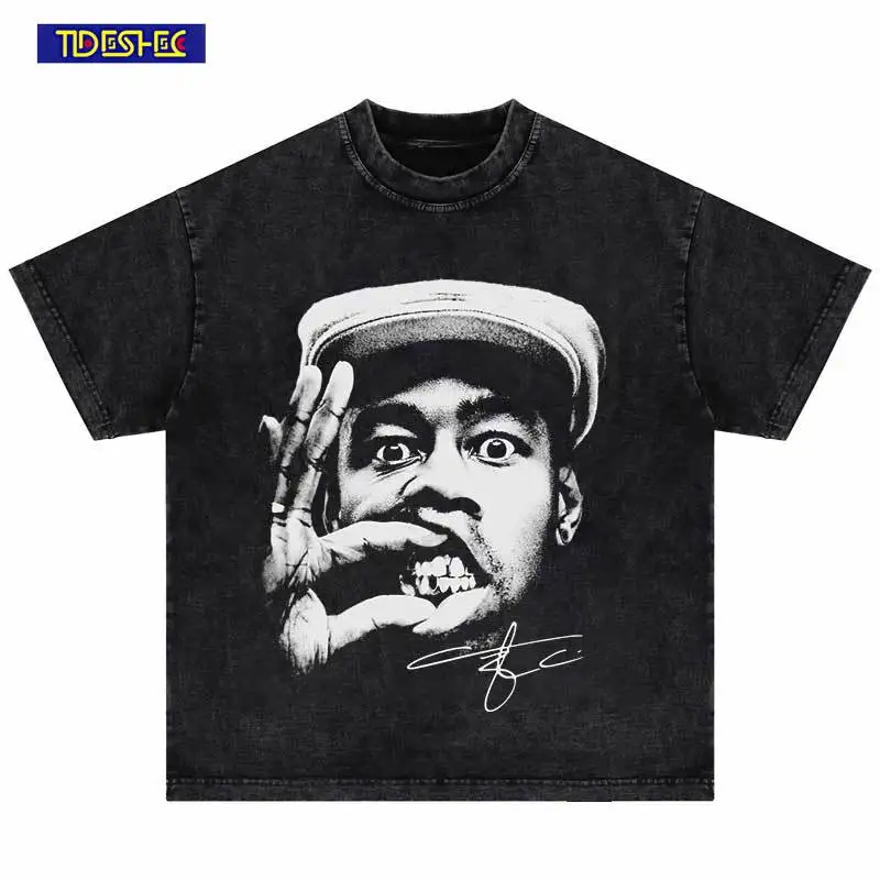 Hip Hop Portrait Graphic Printed Tshirt Short Sleeve Tops 2024 Loose Street Men\'s Cotton Streetwear Harajuku Oversized T-Shirt