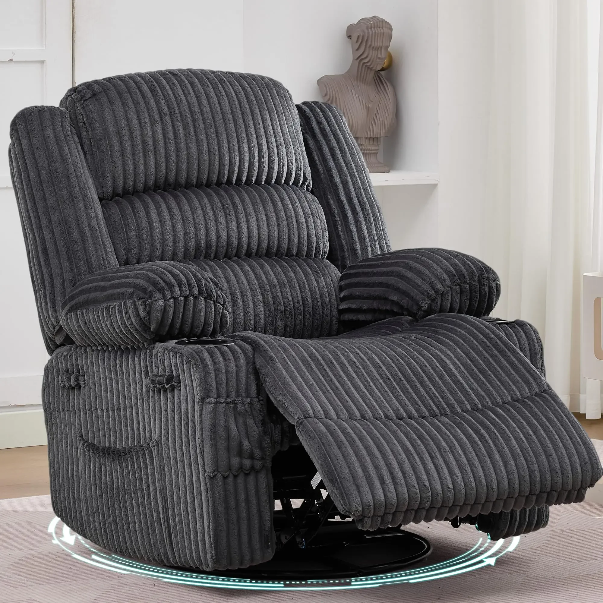 360° Swivel Rocking Recliner Chair With Cup Holder, Oversized Corduroy Nursery Glider, Deep Seat Lounge Chair For Living Room
