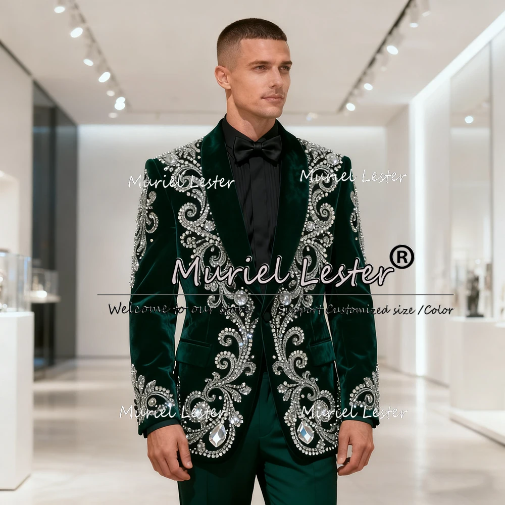 

Sparkling Jewelry Stones Suits Men For Wedding Single Breasted Prom Blazers Customized Velvet Groom Tuxedos Man Banquet Attire