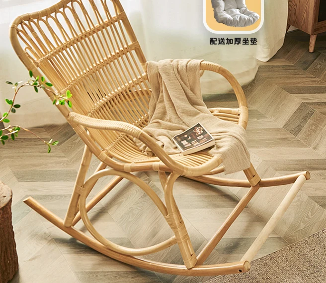 Bamboo Woven, Outdoor Rocking Chair for Adults, Rattan Chair for Leisure, Natural Wood Style, Lazy Recliner Chair