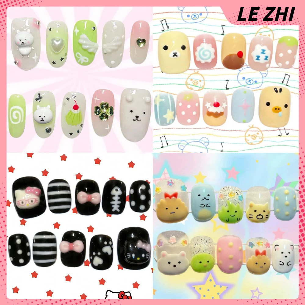 

Kawaii Cartoon Hello Kitty Rilakkuma Short Handmade Reusable False Nails Four-Leaf Clover Wings Bowknot Sequins Press On Nail
