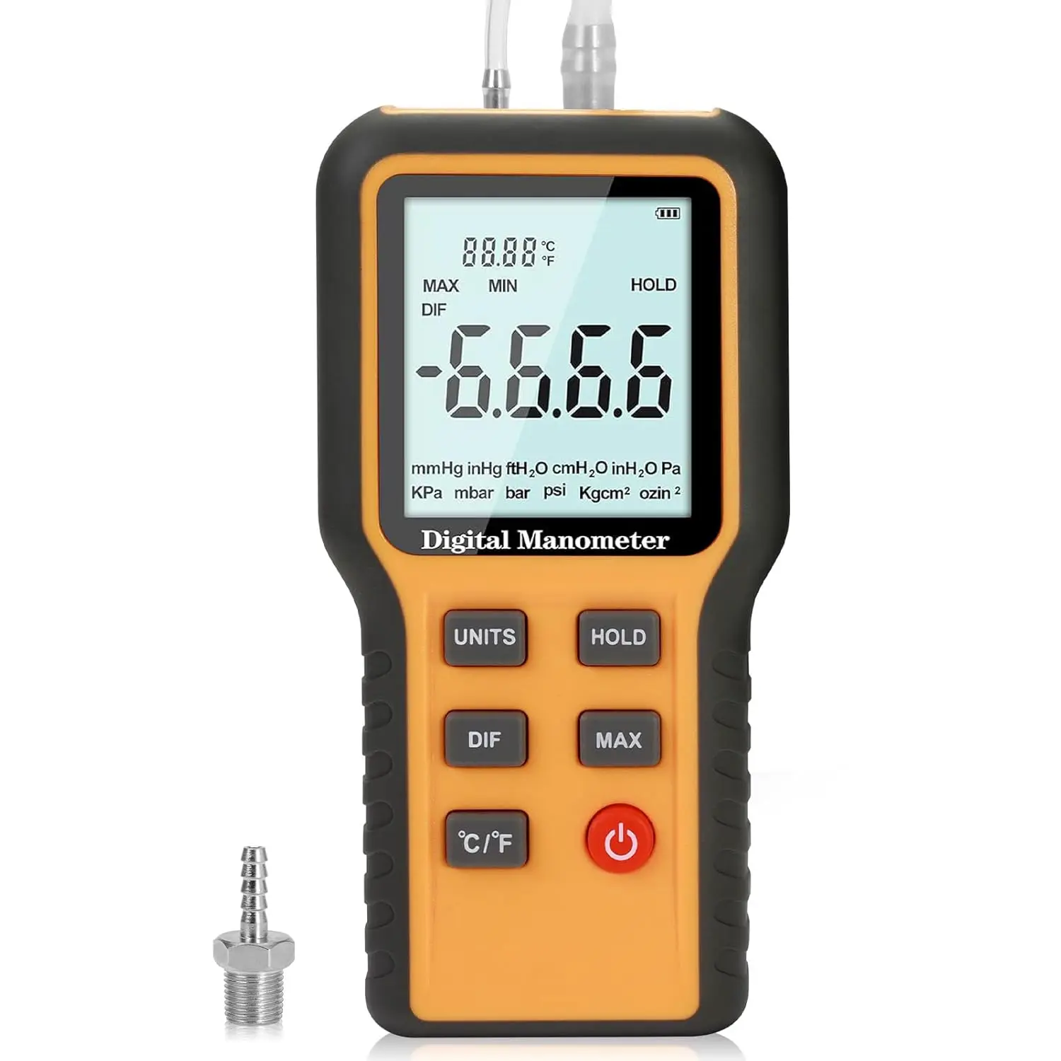 

Digital Manometer, Dual-Port Gas Pressure Tester, HVAC Tool with 12 Units, Battery Included