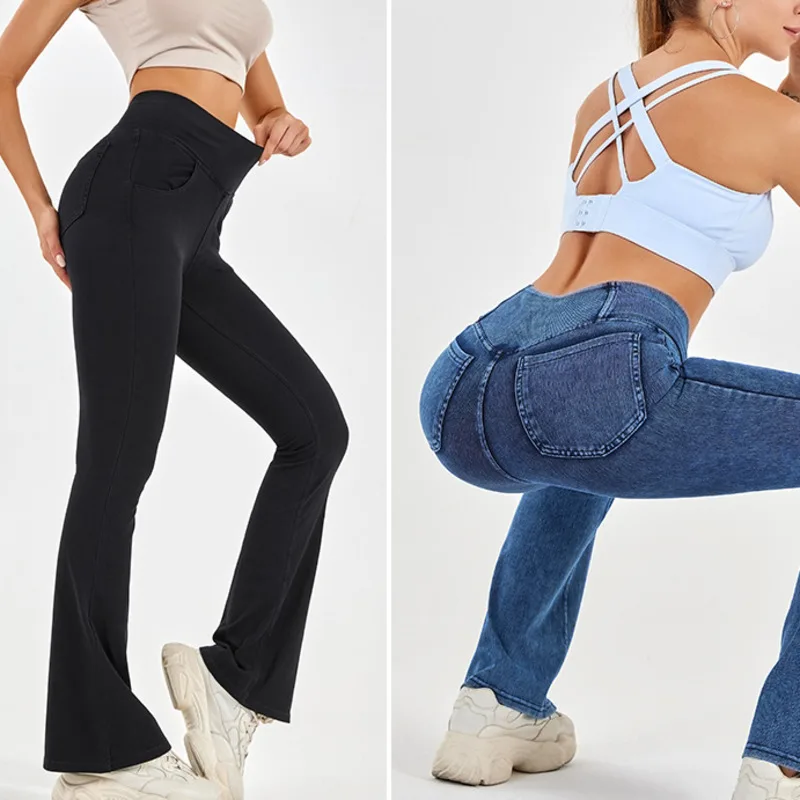 

Yoga Pants Denim Flared Women Cross Pockets Fitness Elastic Tight Fitting Exercise Yoga Outerwear High Waisted Casual Pants New