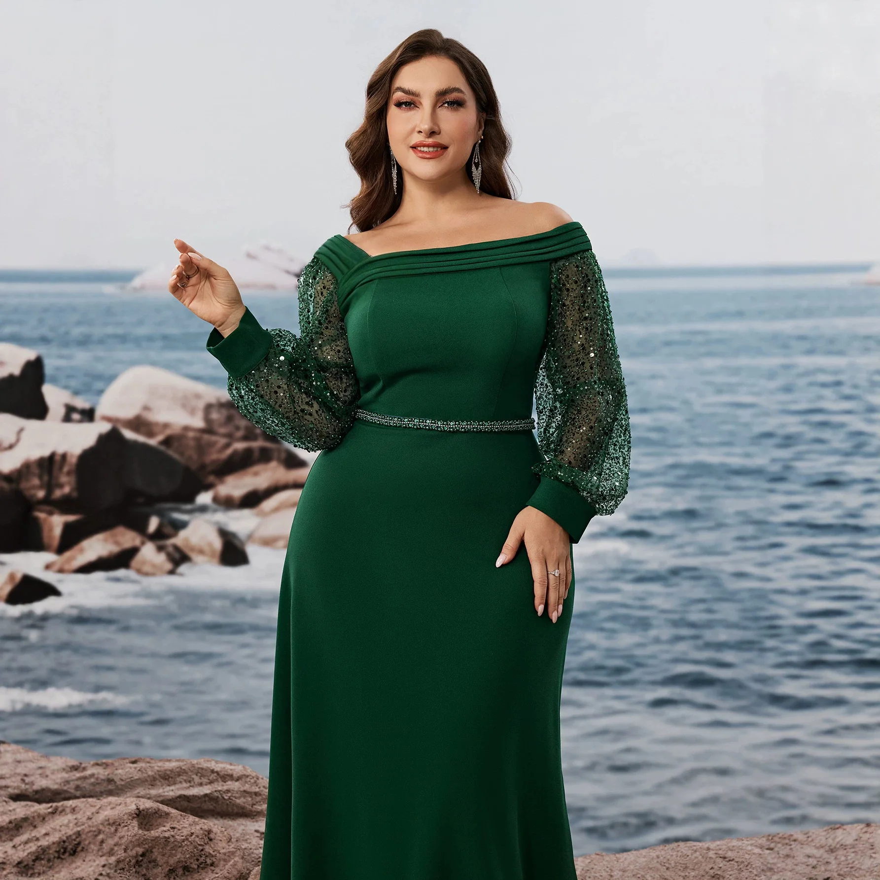 Picture 5: Off Shoulder Sequin Mesh Lantern Sleeve Plus Size Mermaid Gown Emerald Green Rhinestone Waistband Floor Length Prom Dress
