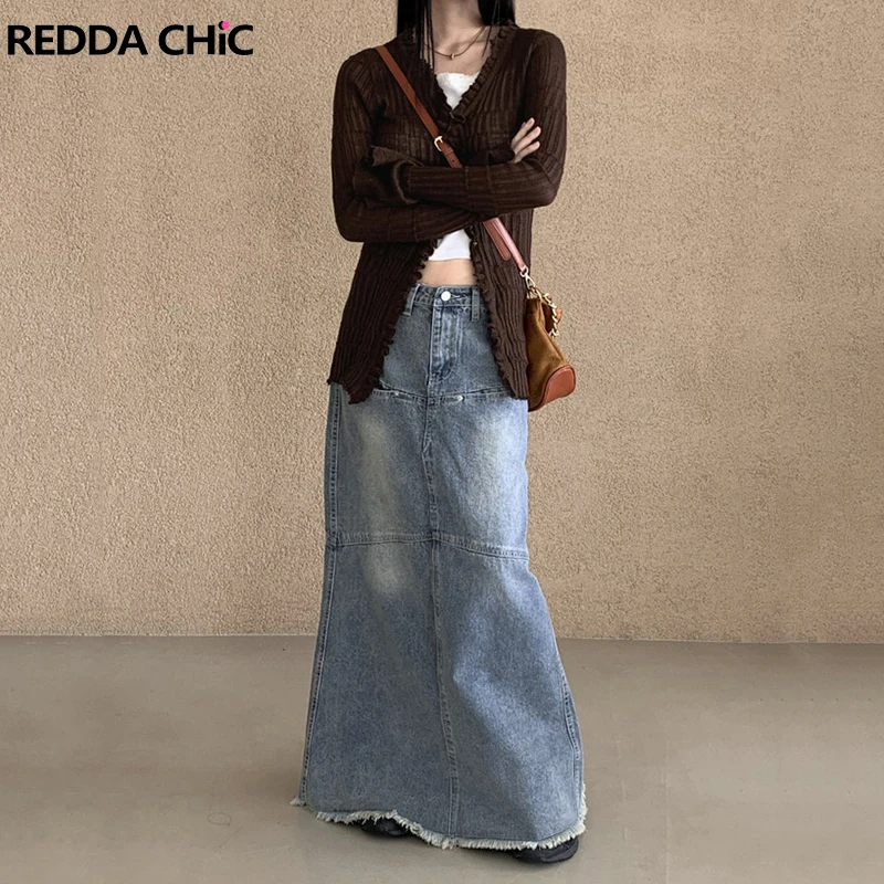 

ReddaChic Tall Girl Fishtail Floor Long Skirt Blue Low Rise Splicing Denim Maxi Skirt Vintage Wash Y2k Korean Women Streetwear